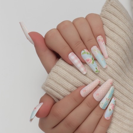 Frighting Nails Provence, 12 pcs, with adhesive plates, ballerina shape, beige/blue color-9