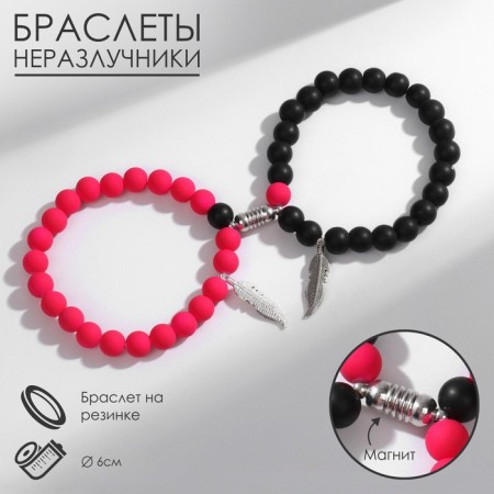 Bracelets "Demetrons" on a magnet, feather, black-pink color in silver