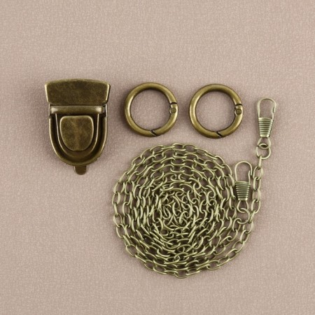Furniture for bag No. 4, set 4 objects, carbine - 2 pcs, chain, buttons, metal, bronze color