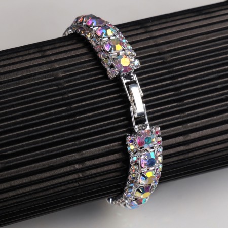Bracelet with rhinestones "Northern Lights" snake, rainbow color in silver, l = 18 cm-1