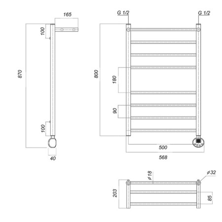 Domoterm electric heated towel rail "Medea" P8, 500x800 mm, with a shelf, right, chrome-2