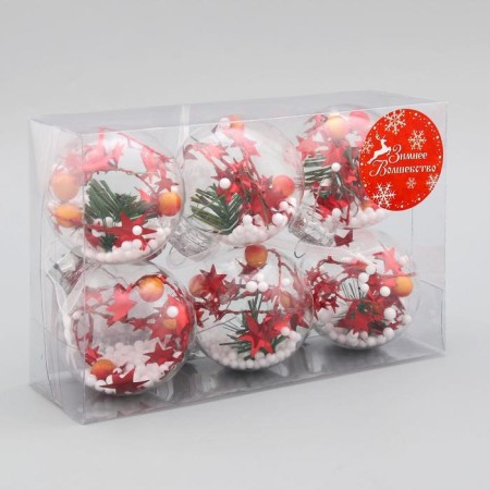Set of balls Plastic D -6 cm, 6 pcs "Ice - stars in the snow" Transparent-1