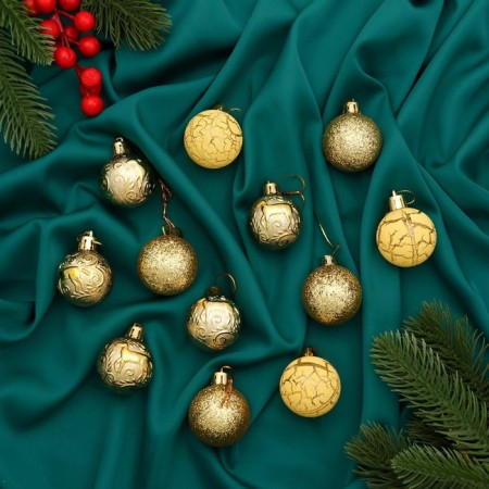 Set of balls plastic D-4 cm, 12 pcs "Melody" crack, gold