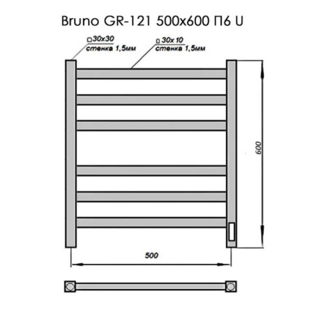 Electric towel Grois Bruno, 500x600 mm, 6 crossbars, lower, white-2