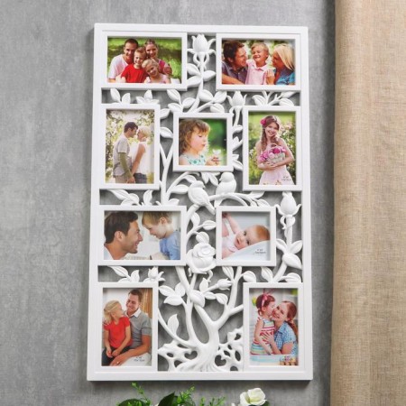 Photo frame plastic in 9 photos 10x10, 10x15 cm "Birds on a pink bush" White 65x40.5 cm