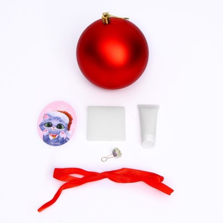 New Year's set for creativity. Christmas ball with a print of the handle "Kitten", red-5