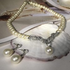 Set 2 objects: earrings, necklace “vernissage” pearl drop, white color in silver, 45 cm