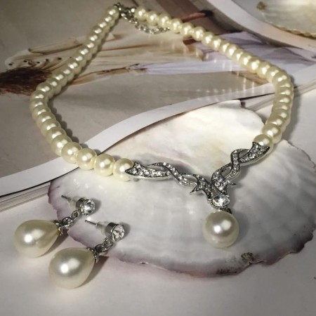Set 2 objects: earrings, necklace “vernissage” pearl drop, white color in silver, 45 cm