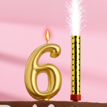 Set a candle for a cake digit 6 giant, gold, with a fountain, 9.5 cm