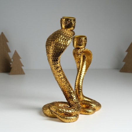Polystone candlestick for 2 candles "two royal cobra" gold 14.5x10.5x21.2 cm-1