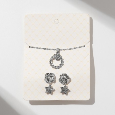 Set 4 objects: earrings (3 pairs), pendant “Flower set”, white color in silver, 45 cm-5