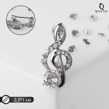 Brooch "Violin key" mini, inspiration, white color in silver