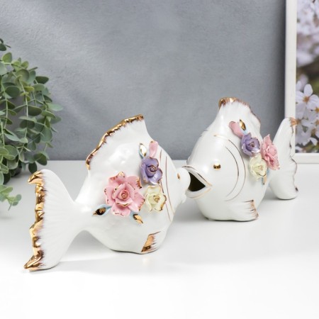 Souvenir ceramics "Two white fish with flowers" set 2 pcs 14.5x9.5x22 cm-1