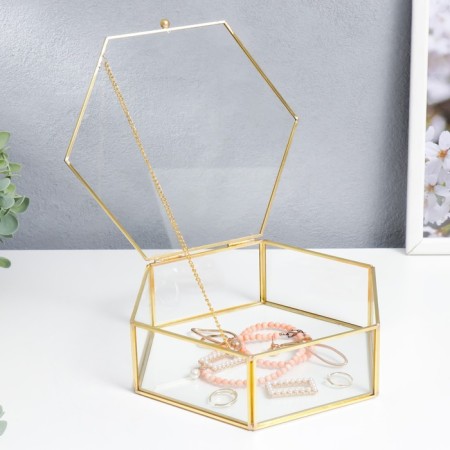Casket glass with a metal frame "Hexagon with faces" gold 7.5x17x20 cm-3