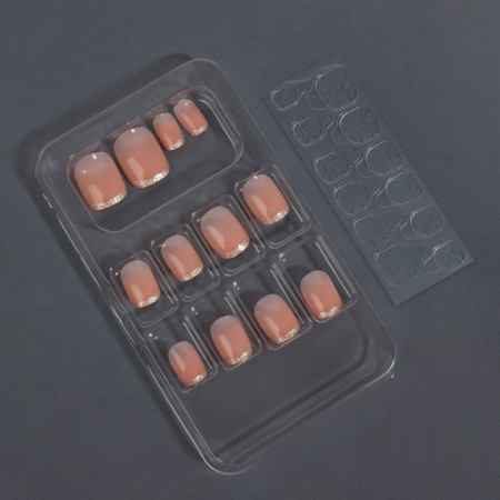 Nude overhead nails, 12 pcs, with adhesive plates, with sparkles, shape is a soft square, the color is light - beige-1