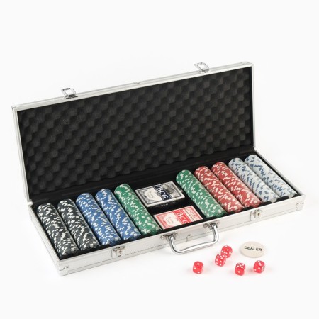 Poker in a metal case (2 decks, chips 500 pcs C/denomination, 5 cubes), 20.5 x 56 cm