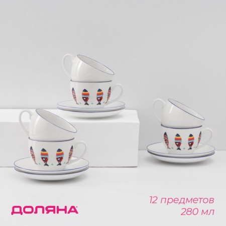 Service Porcelain Tea Daulay "Emelya", 12 objects: 6 cups 280 ml, 6 saucer d = 15 cm, white color
