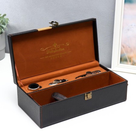 Casket wood, leatherette to the bottle "premium" 3 dark-brown items 35x11x17.5 cm-2