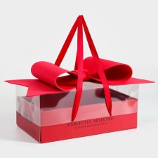 Gift box with a bow, handles and a transparent lid 35 x 21 x 15 cm red