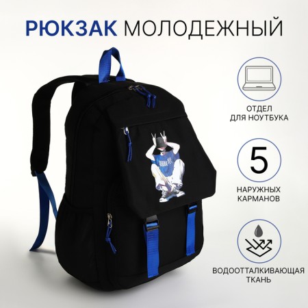 School backpack from textiles on lightning, 5 pockets, black/blue color