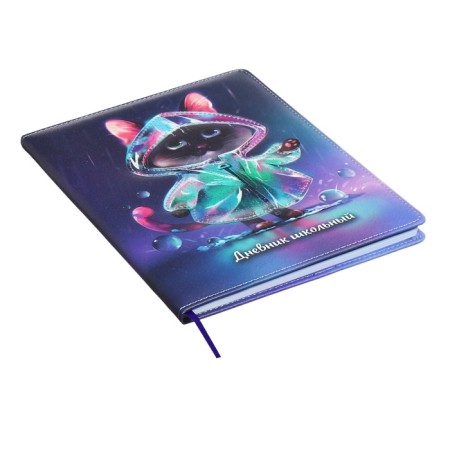 Universal Diary Grade 1-11, 48 sheets "Cat in the raincoat", solid cover of artificial leather, applique, liesse, universal cheat sheet, block 80 g/m2-2