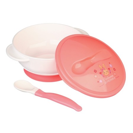 A set of children's dishes "Daughter", 3 objects: a plate on a suction cup, cover, spoon, pink color-5
