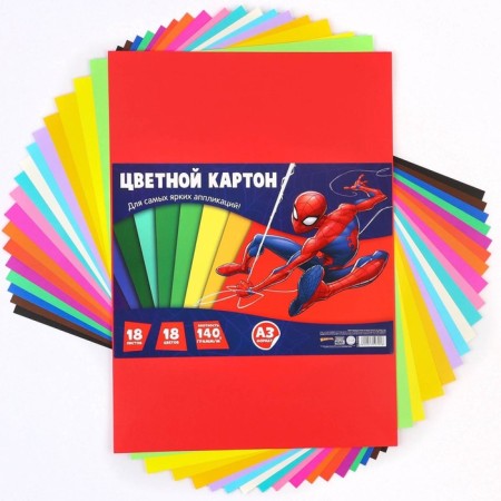 Cardboard tinted, A3, 18 sheets, 18 colors, moped, bilateral, in a package, 140 g/m², Spider-Man-2