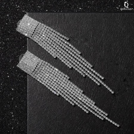 Hanging earrings with rhinestones "Waterfall" on a square, white color in silver, 11 cm