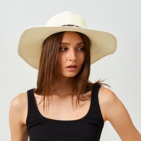 Women's hat with a leopard strap minku Milk color, river 58-7