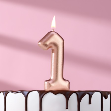 Candle in the Cake "European", number "1", 6 cm, pink gold