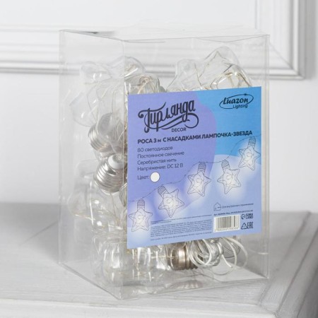Garland “thread” 3 m with nozzles “star bulbs”, IP20, transparent thread, 80 LED, white glow, 8 modes, 220 V-4