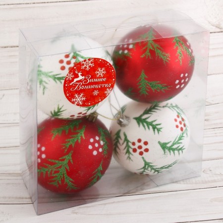 Set of balls plastic D-8 cm, 4 pcs "spruce branches" red white-1