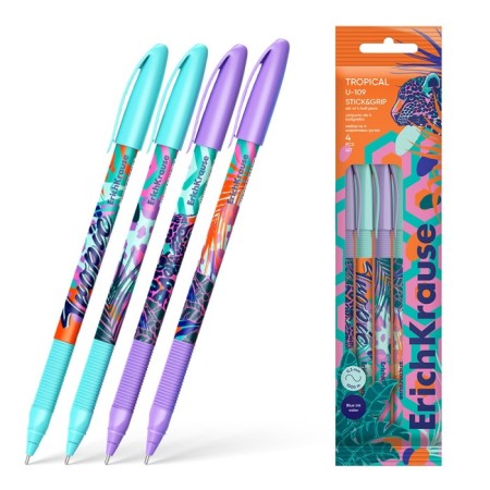 Set of ballpoint pens 4 pieces Erichkrause U-109 Stick & Grip Tropical Node 1.0mm, blue color