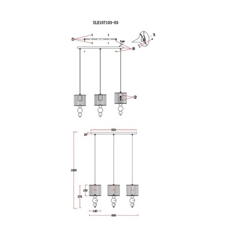 Suspended EVOLUCE lamp. Sle107103-03. Pazione. 3x40 watts, E27, 59x14x27 cm, chromium color-9