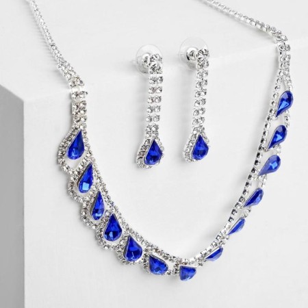 Set 2 objects: earrings, necklace necklace drops, blue-white color in silver, 45 cm