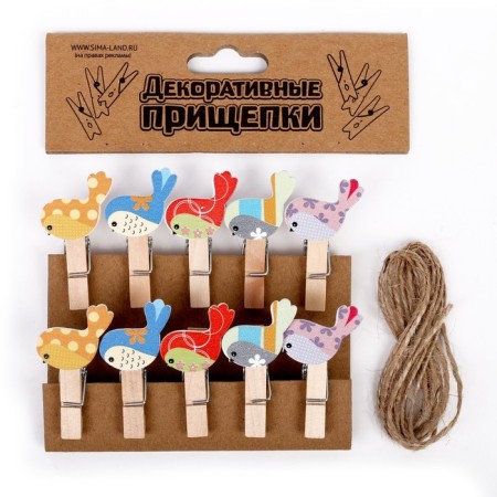 Decorative clothespins with a rope for the suspension "Spring Birds" set 10 pcs.