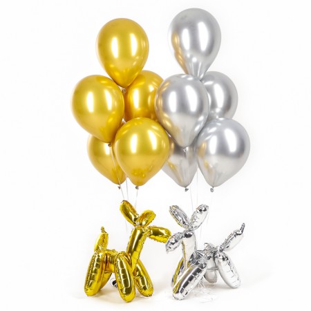 A set of balls "inflatable dogs", gold, silver, latex, foil, 12 pcs.-2
