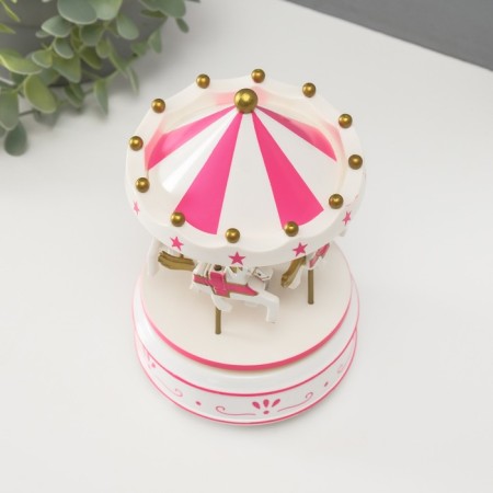 Souvenir Plastic Mechanical "Carousel - Horses" white -pink 10.5x10.5x17.5 cm 10459-2