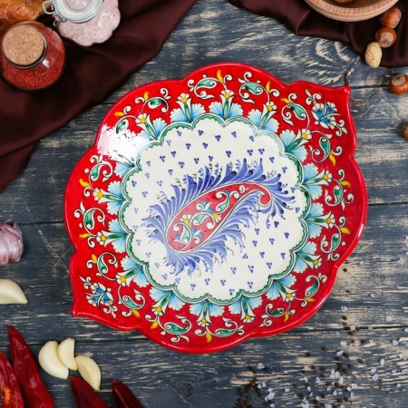 Dish of Rishtan ceramics "Patterns", 34 cm, red, corrugated, oval-1