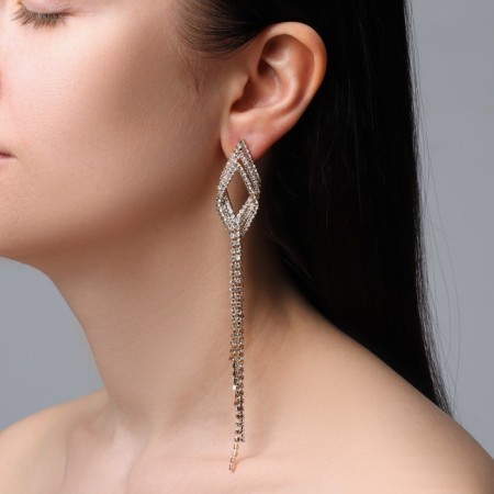 Hanging earrings with Hollywood rhinestones with threads, white color in gold, 13.5 cm-2