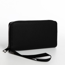 Male purse with zipper, department for bills, for maps, for coins, black color