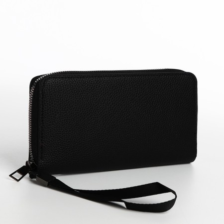 Male purse with zipper, department for bills, for maps, for coins, black color