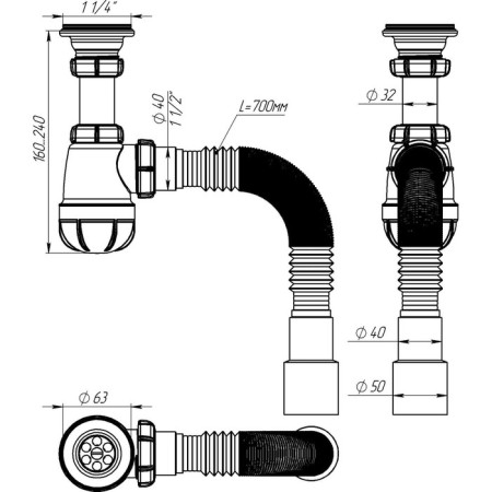 Siphon for the Aquant shell, 1 1/4 "x 40 mm, with metal. Grid d = 64 mm, with corrugation 40x40/50 mm-4