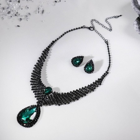 Set 2 objects: earrings, necklace “vernissage” drop, emerald color in ferrous metal, 30 cm-1