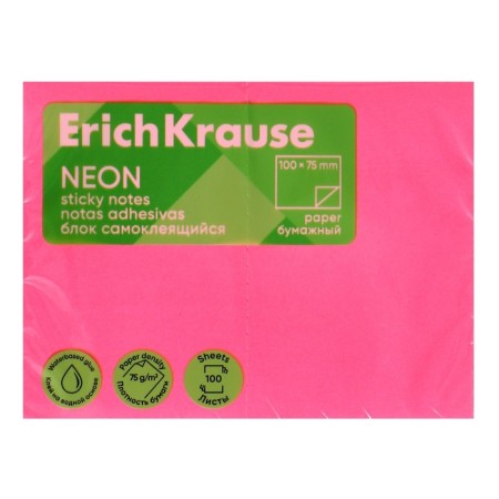 Block with a sticky edge paper 100x75 mm, Erichkrause "Neon", 100 pink sheets-1