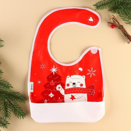 Badion for feeding "New Year's Bear", waterproof on Velcro, with pockets, gift packaging, crumb I-3