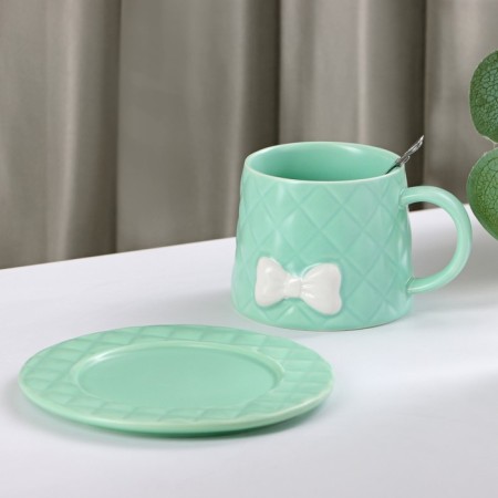 Tea couple ceramic with a spoon "Bow", 2 items: a mug 350 ml, a saucer d = 15 cm, green color-2