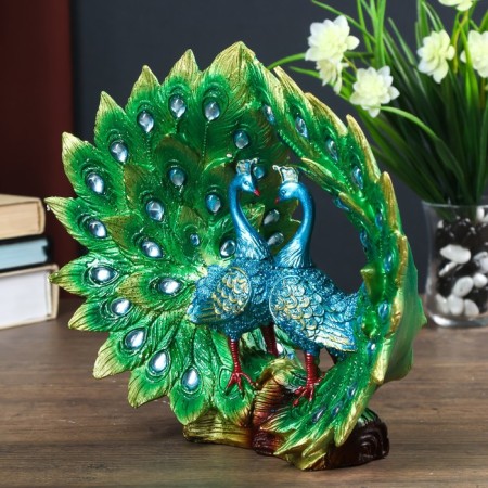Polystone souvenir "Two green peacocks on a log with open tails" rhinestones 25x15x27 cm-3