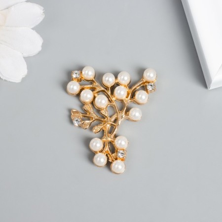 Decor for creativity metal, rhinestones "Lush branch with beads" White with gold 3.2x4 cm