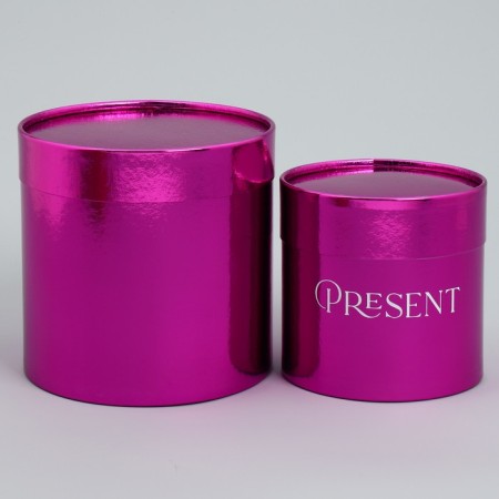 A set of boxes 2 in 1 round, gift packaging, “Present”, pink metallic, 12 x 12, 15 x 15 cm-2